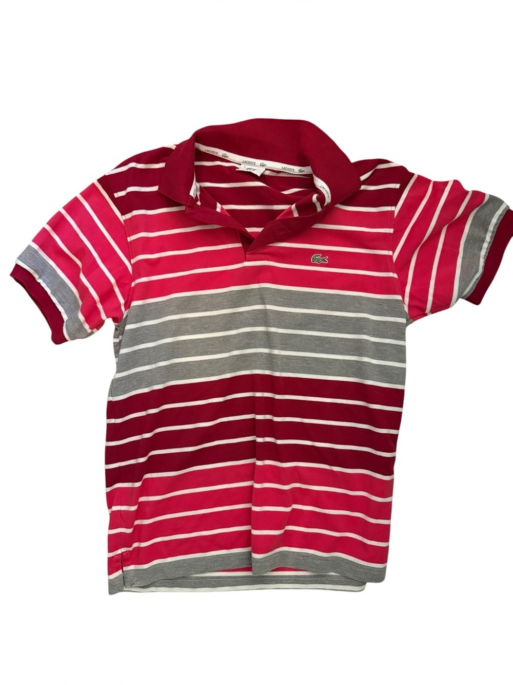 vintage Lacoste polo shirt red, pink, and grey horizontal stripes size 5/L